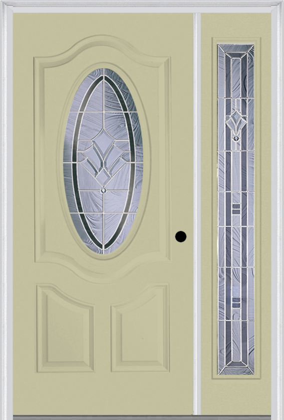 MMI SMALL OVAL 2 PANEL DELUXE 3'0" X 6'8" FIBERGLASS SMOOTH RADIANT HUES NICKEL EXTERIOR PREHUNG DOOR WITH 1 FULL LITE RADIANT HUES NICKEL DECORATIVE GLASS SIDELIGHT 749